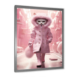 White Fashionista Cat In Pink Coat - Pink Cat Wall Art