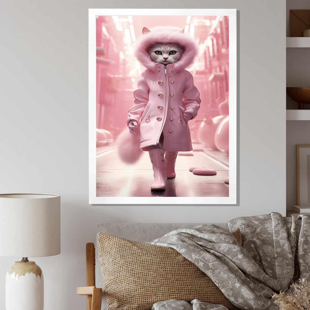 White Fashionista Cat In Pink Coat - Pink Cat Wall Art