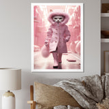 White Fashionista Cat In Pink Coat - Pink Cat Wall Art
