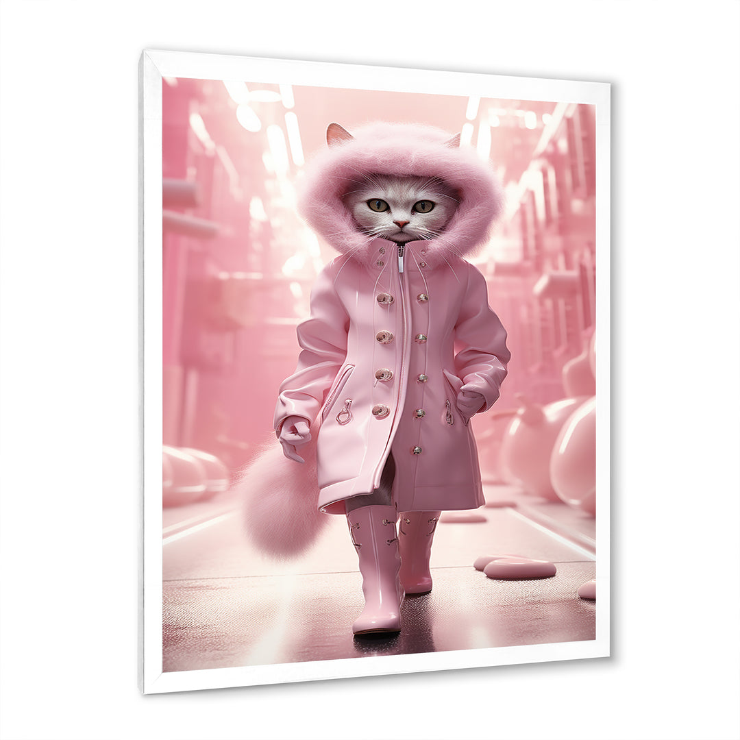 White Fashionista Cat In Pink Coat - Pink Cat Wall Art