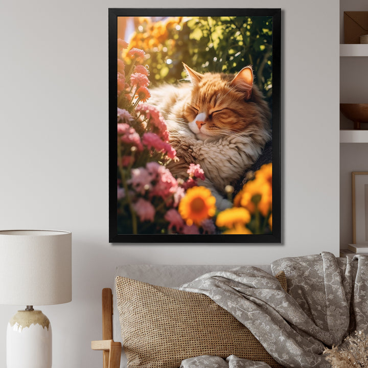 Fluffy Cat Sleeping Sunny Flower Garden - Cat Framed Canvas Art