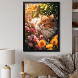 Fluffy Cat Sleeping Sunny Flower Garden - Cat Framed Canvas Art