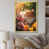Fluffy Cat Sleeping Sunny Flower Garden - Cat Framed Canvas Art