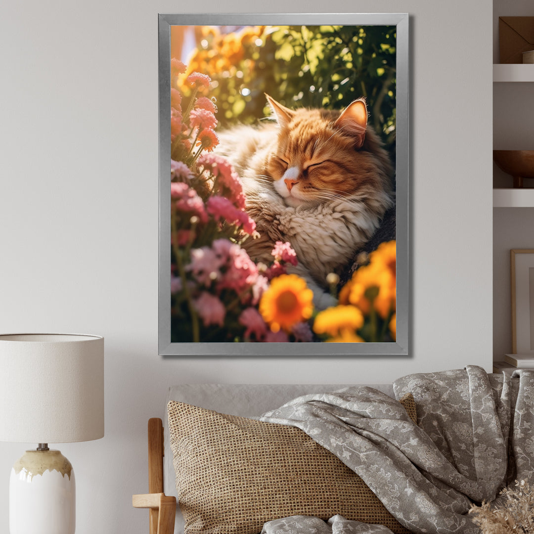 Fluffy Cat Sleeping Sunny Flower Garden - Cat Framed Canvas Art