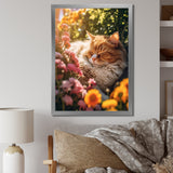 Fluffy Cat Sleeping Sunny Flower Garden - Cat Framed Canvas Art