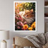 Fluffy Cat Sleeping Sunny Flower Garden - Cat Framed Canvas Art