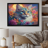 Psychedelic Rainbow Cat With Full Moon Flowers - Cat Home Decor Art
