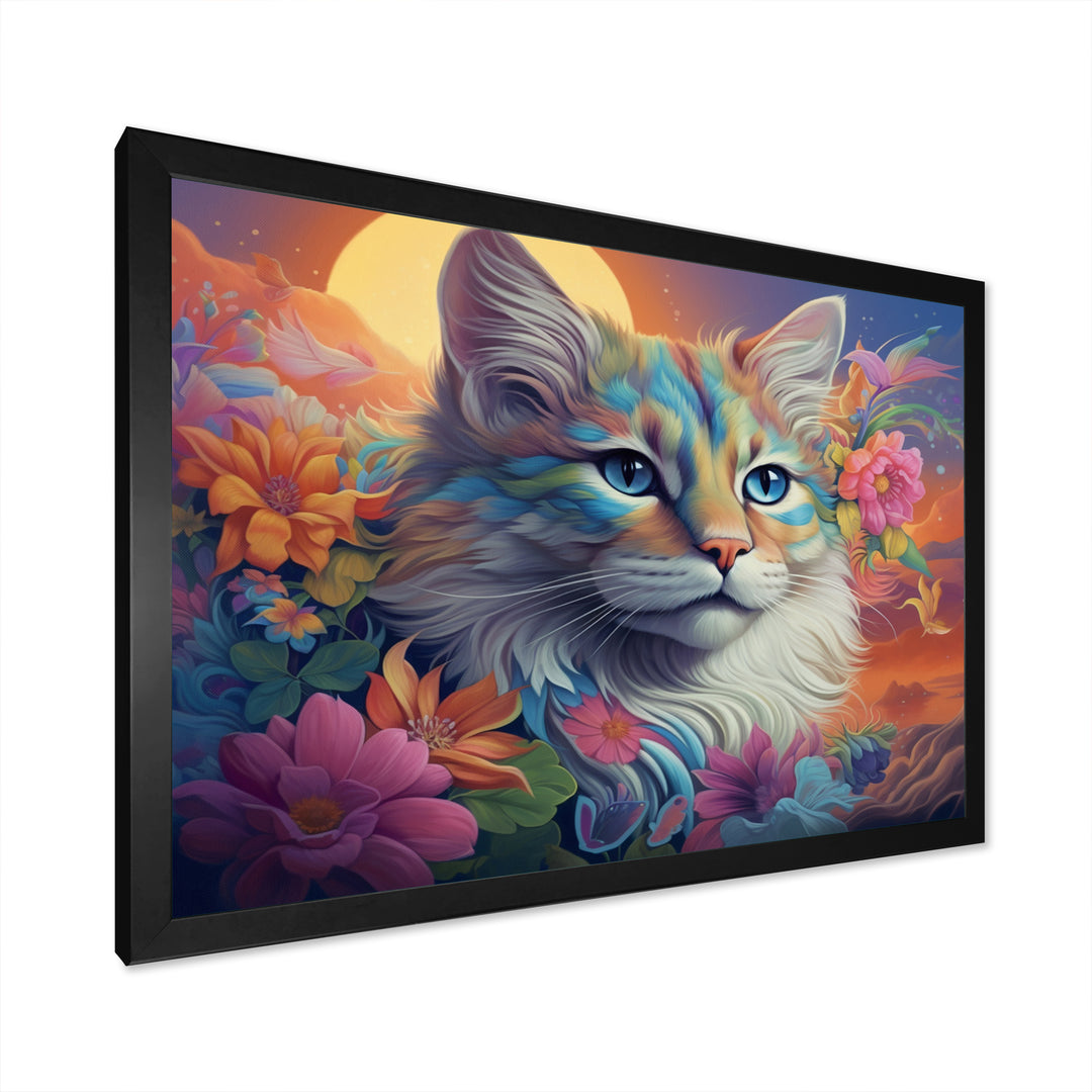 Psychedelic Rainbow Cat With Full Moon Flowers - Cat Home Decor Art