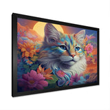 Psychedelic Rainbow Cat With Full Moon Flowers - Cat Home Decor Art