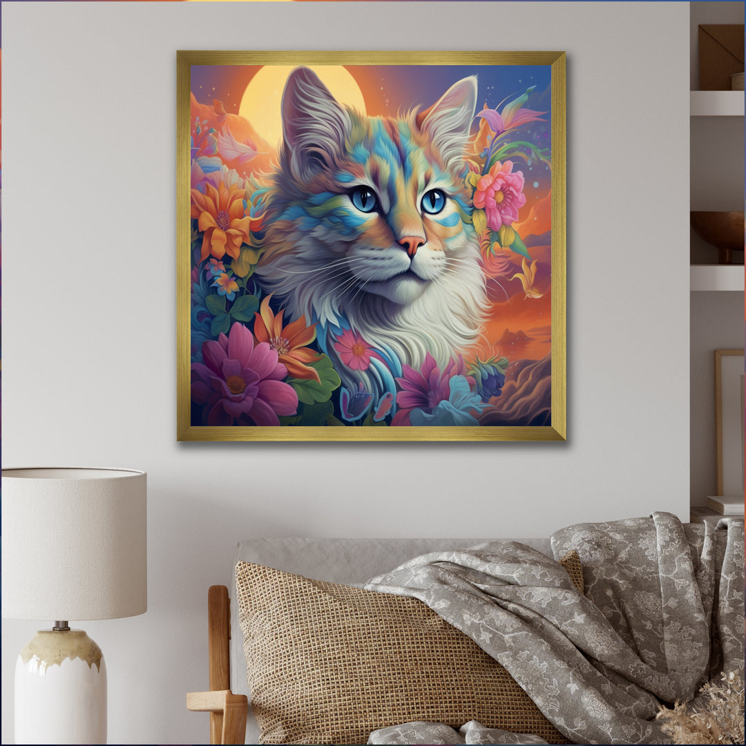 Psychedelic Rainbow Cat With Full Moon Flowers - Cat Home Decor Art