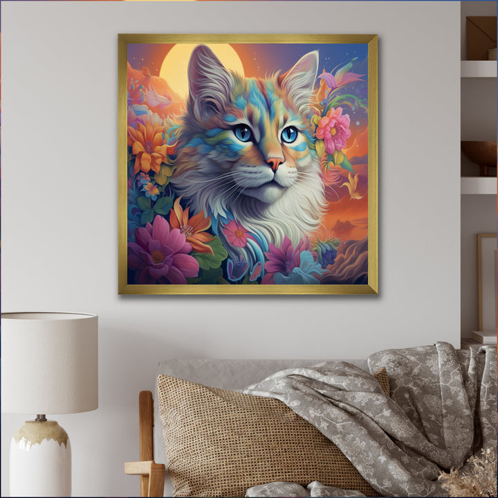 Psychedelic Rainbow Cat With Full Moon Flowers - Cat Home Decor Art