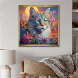 Psychedelic Rainbow Cat With Full Moon Flowers - Cat Home Decor Art