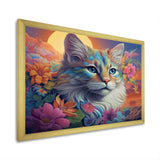 Psychedelic Rainbow Cat With Full Moon Flowers - Cat Home Decor Art
