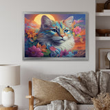Psychedelic Rainbow Cat With Full Moon Flowers - Cat Home Decor Art