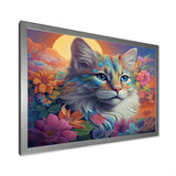 Psychedelic Rainbow Cat With Full Moon Flowers - Cat Home Decor Art