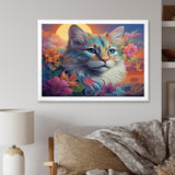 Psychedelic Rainbow Cat With Full Moon Flowers - Cat Home Decor Art