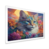 Psychedelic Rainbow Cat With Full Moon Flowers - Cat Home Decor Art