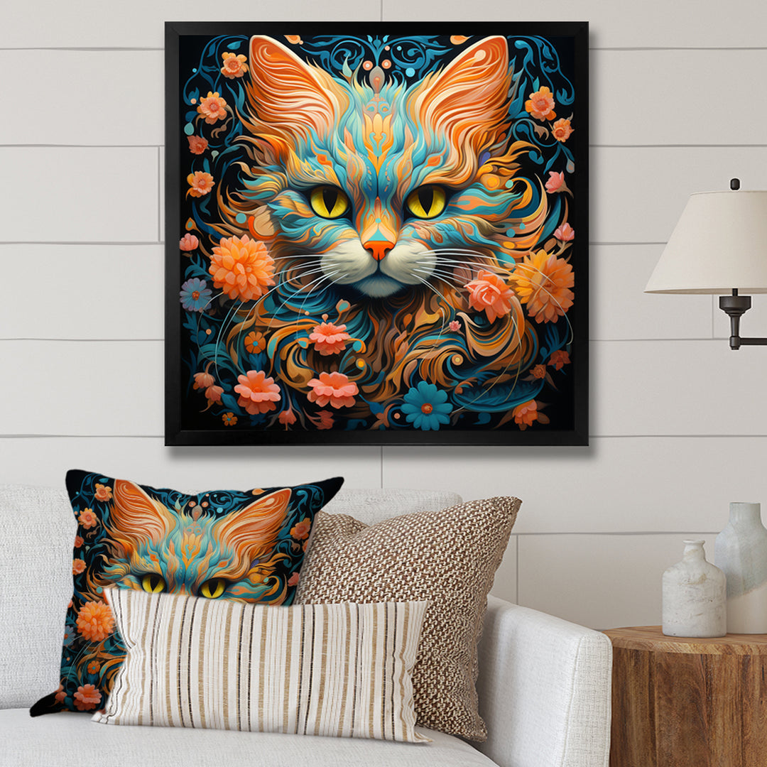 Magical Amber And Teal Cat With Flowers - Cat Living Room Wall Art