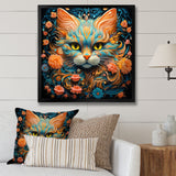 Magical Amber And Teal Cat With Flowers - Cat Living Room Wall Art