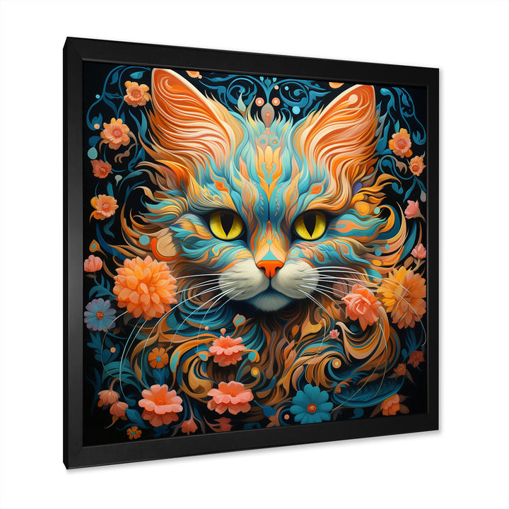 Magical Amber And Teal Cat With Flowers - Cat Living Room Wall Art