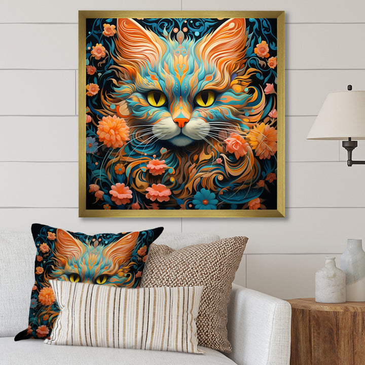 Magical Amber And Teal Cat With Flowers - Cat Living Room Wall Art