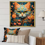 Magical Amber And Teal Cat With Flowers - Cat Living Room Wall Art