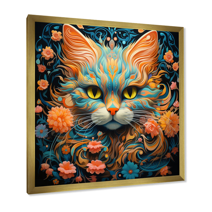 Magical Amber And Teal Cat With Flowers - Cat Living Room Wall Art