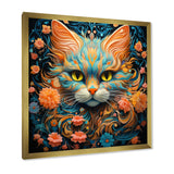 Magical Amber And Teal Cat With Flowers - Cat Living Room Wall Art