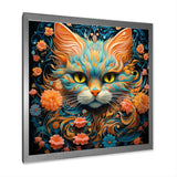 Magical Amber And Teal Cat With Flowers - Cat Living Room Wall Art