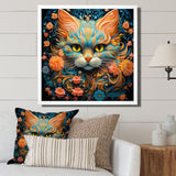 Magical Amber And Teal Cat With Flowers - Cat Living Room Wall Art