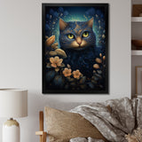 Retro Blue Cat Amidst Flowers - Cat Canvas Wall Art