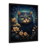Retro Blue Cat Amidst Flowers - Cat Canvas Wall Art