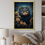 Retro Blue Cat Amidst Flowers - Cat Canvas Wall Art