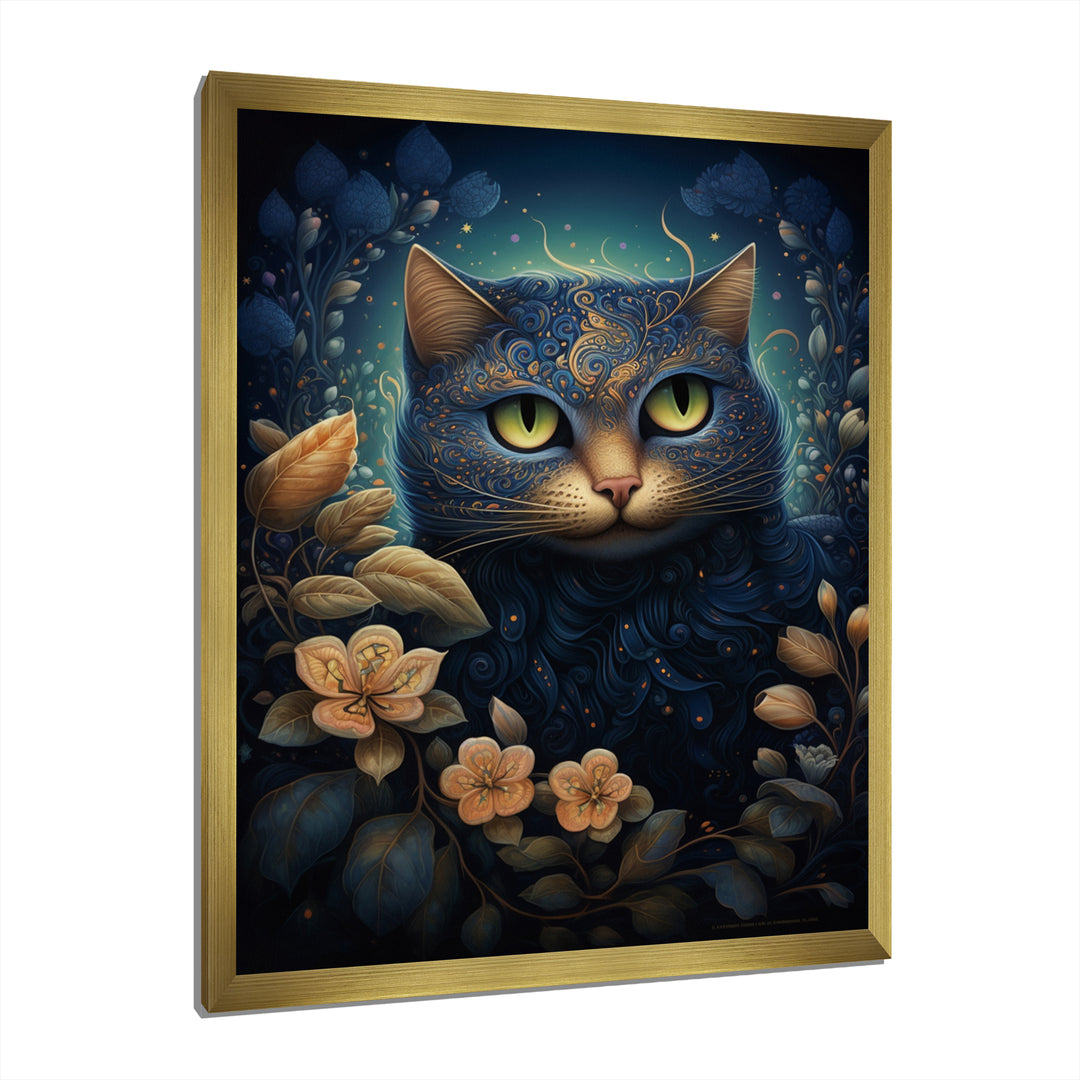 Retro Blue Cat Amidst Flowers - Cat Canvas Wall Art