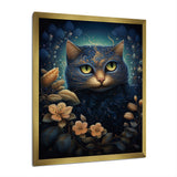 Retro Blue Cat Amidst Flowers - Cat Canvas Wall Art