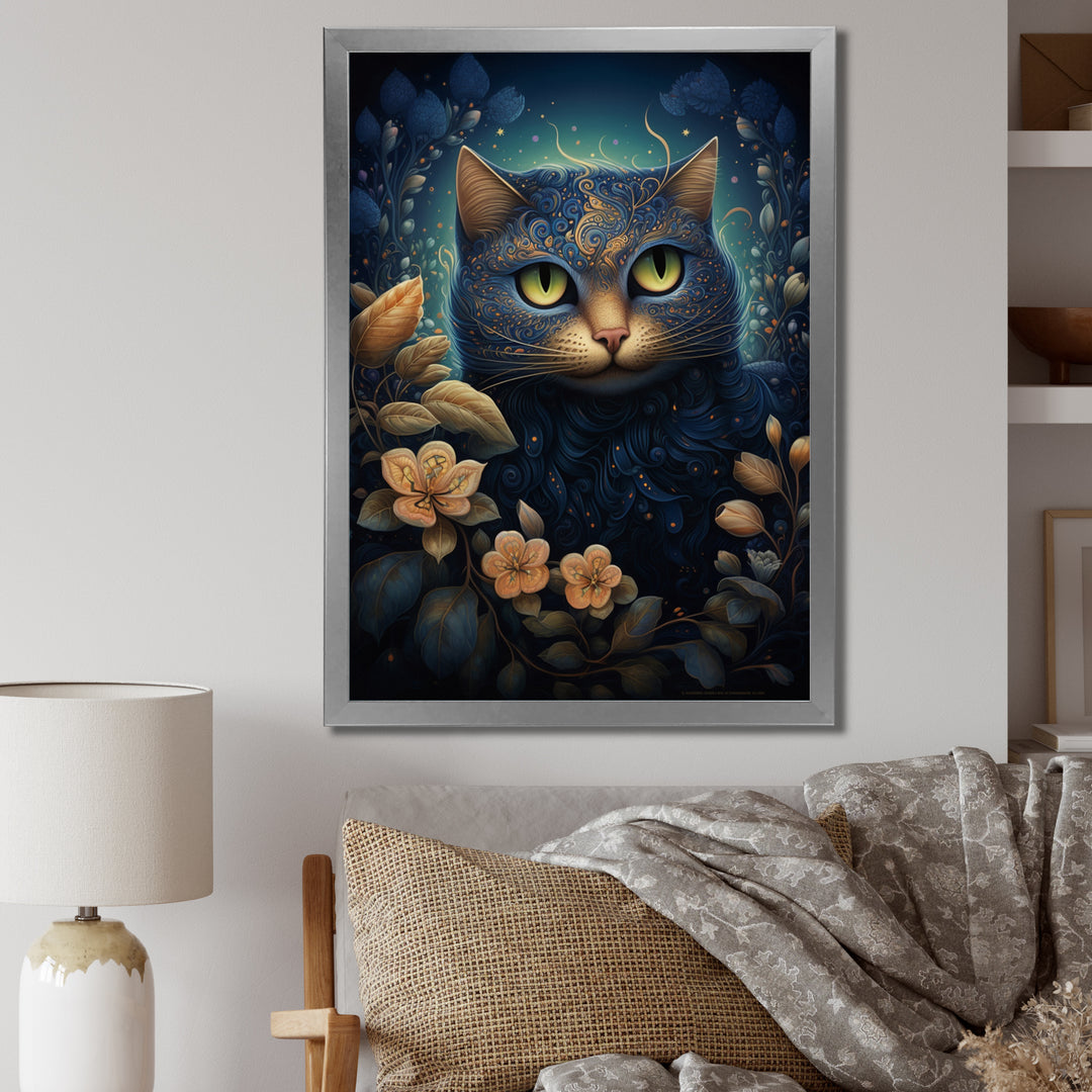 Retro Blue Cat Amidst Flowers - Cat Canvas Wall Art