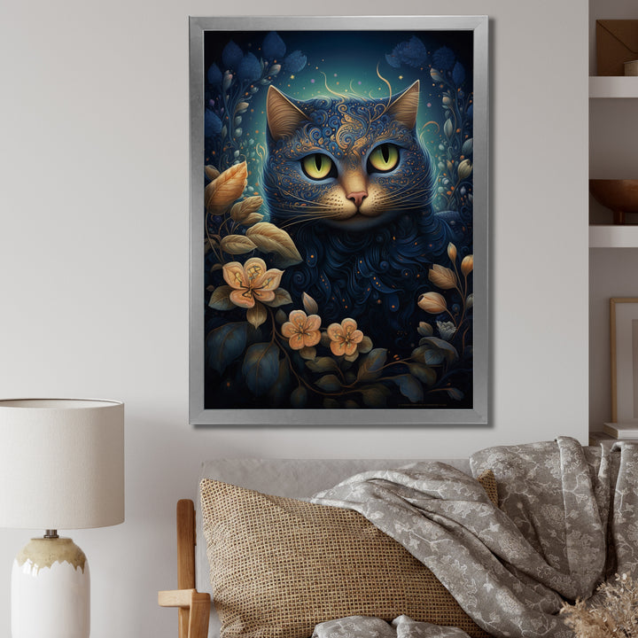 Retro Blue Cat Amidst Flowers - Cat Canvas Wall Art
