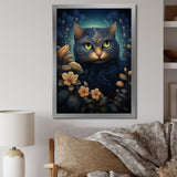 Retro Blue Cat Amidst Flowers - Cat Canvas Wall Art