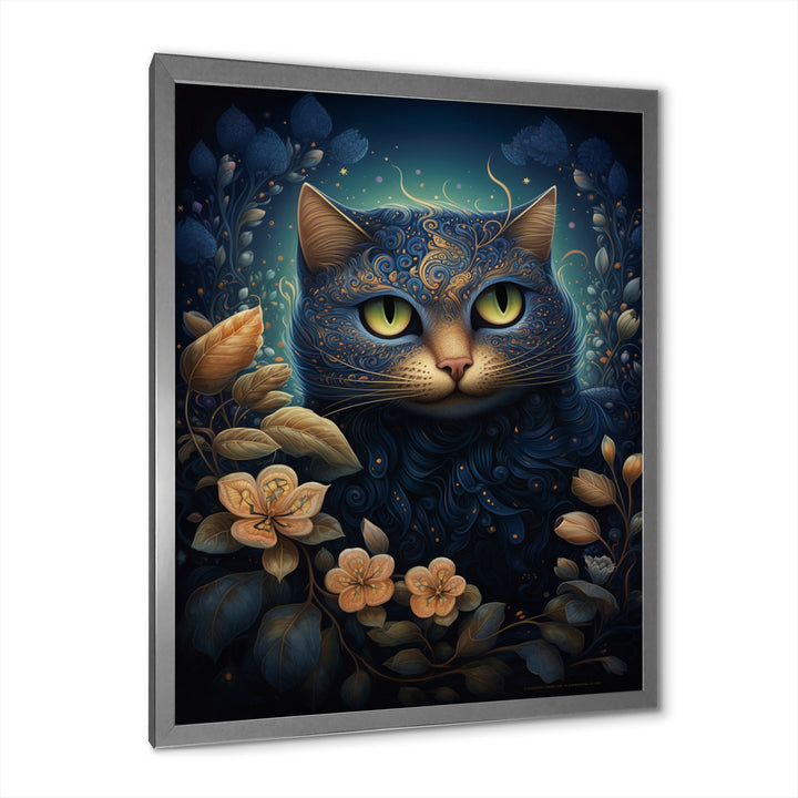 Retro Blue Cat Amidst Flowers - Cat Canvas Wall Art
