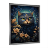 Retro Blue Cat Amidst Flowers - Cat Canvas Wall Art