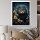 Retro Blue Cat Amidst Flowers - Cat Canvas Wall Art