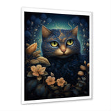 Retro Blue Cat Amidst Flowers - Cat Canvas Wall Art