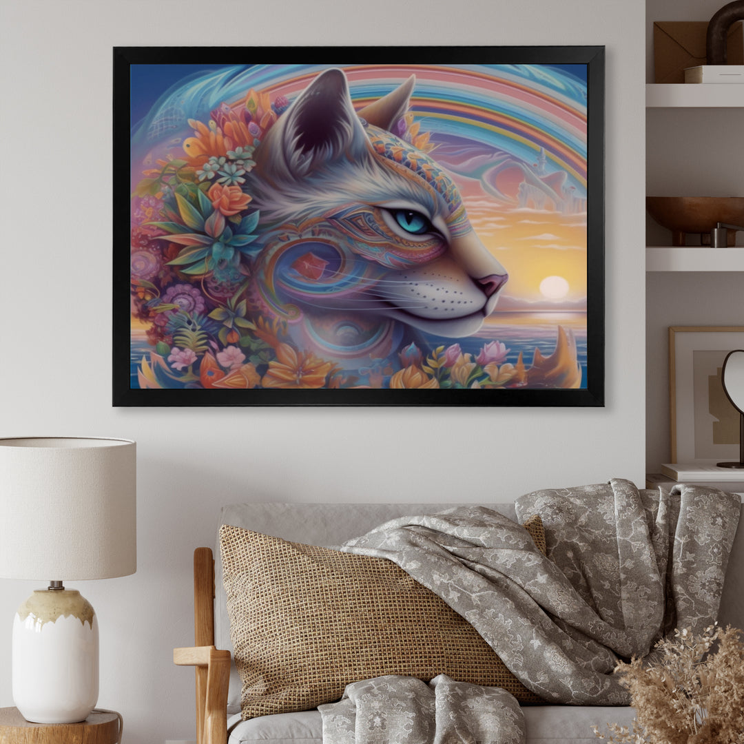 Magical Rainbow Cat With Flowers - Cat Wall Decor