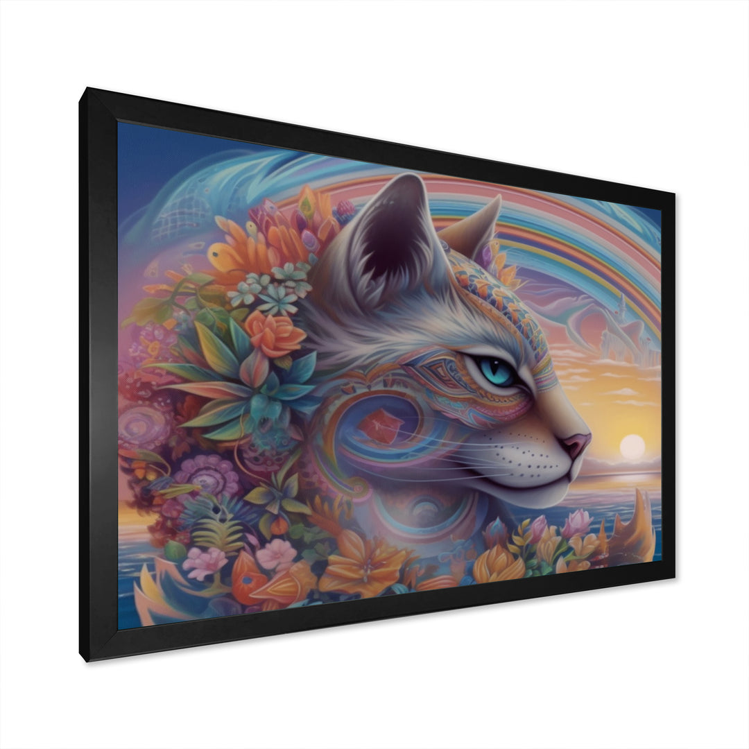 Magical Rainbow Cat With Flowers - Cat Wall Decor