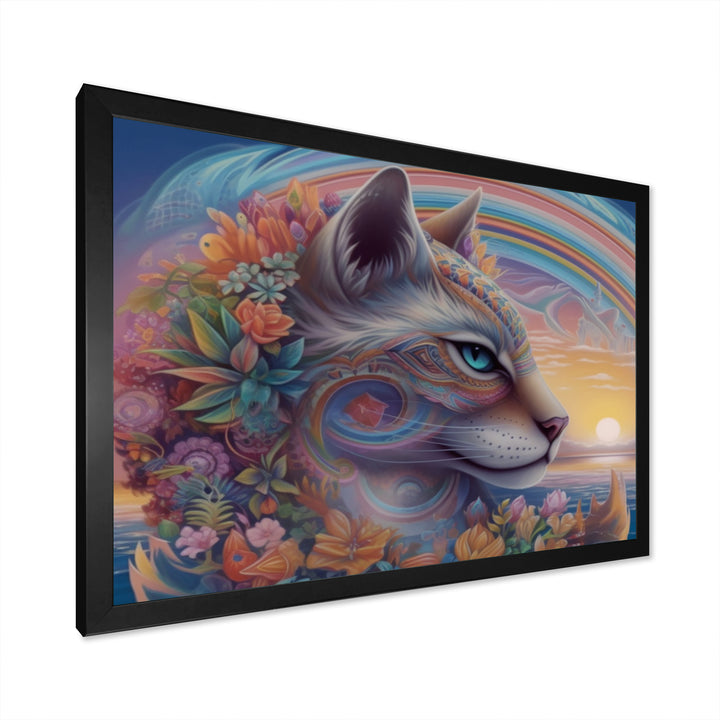Magical Rainbow Cat With Flowers - Cat Wall Decor
