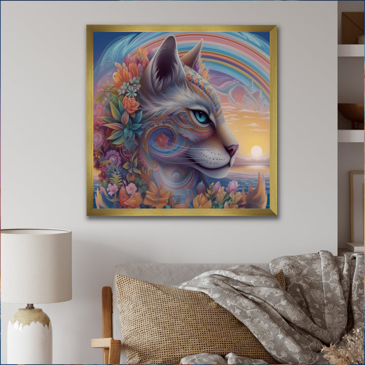 Magical Rainbow Cat With Flowers - Cat Wall Decor