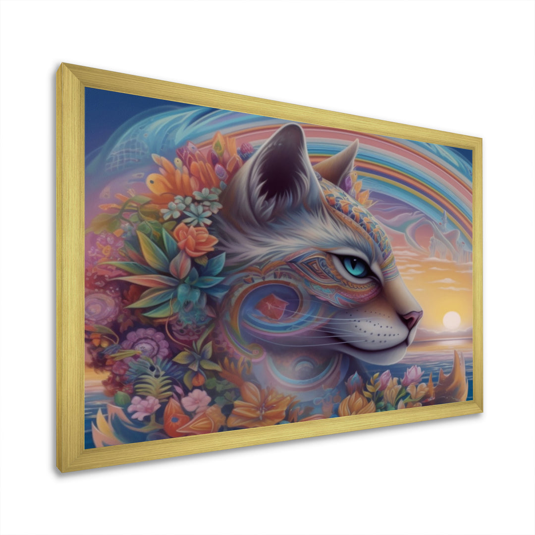 Magical Rainbow Cat With Flowers - Cat Wall Decor
