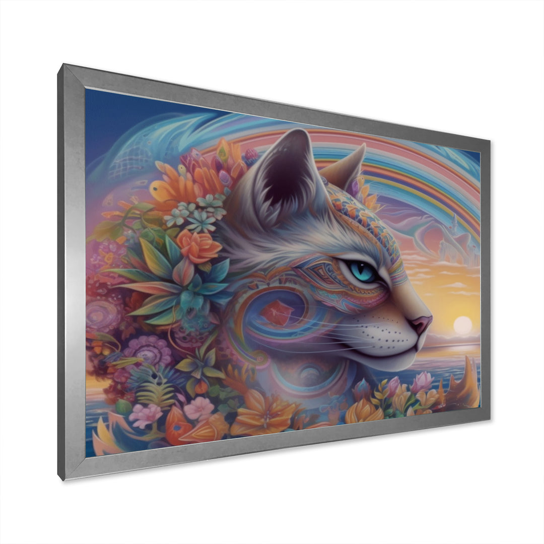 Magical Rainbow Cat With Flowers - Cat Wall Decor