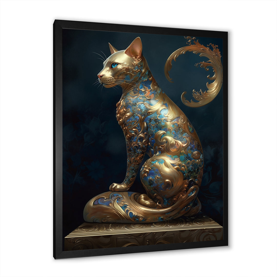 Glam Statue Of Teal And Gold Majestic Cat - Cat Wall Art Prints