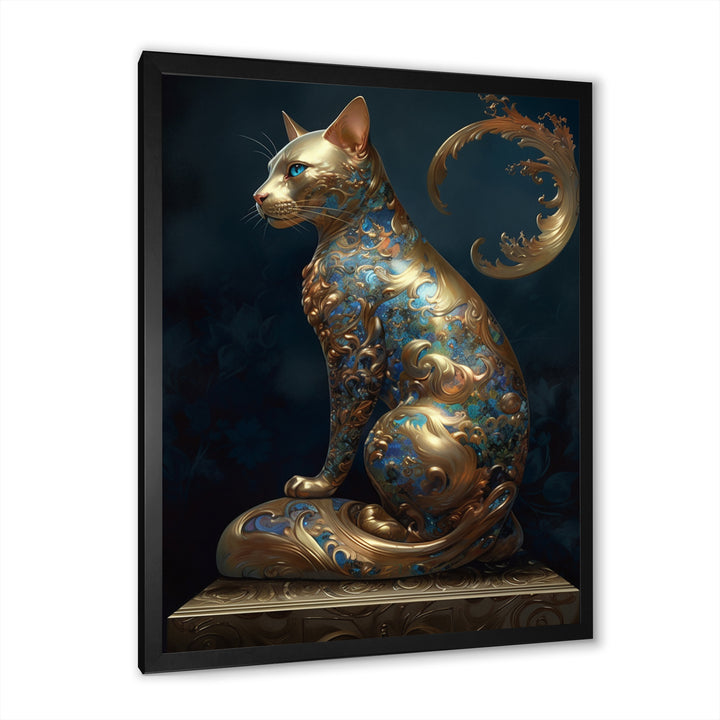 Glam Statue Of Teal And Gold Majestic Cat - Cat Wall Art Prints